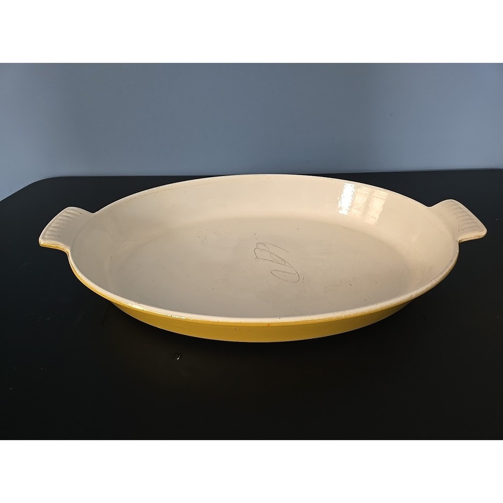 Vintage 60's Descoware Belgium 14H 34B Enamel Cast Iron Casserole Yellow‎